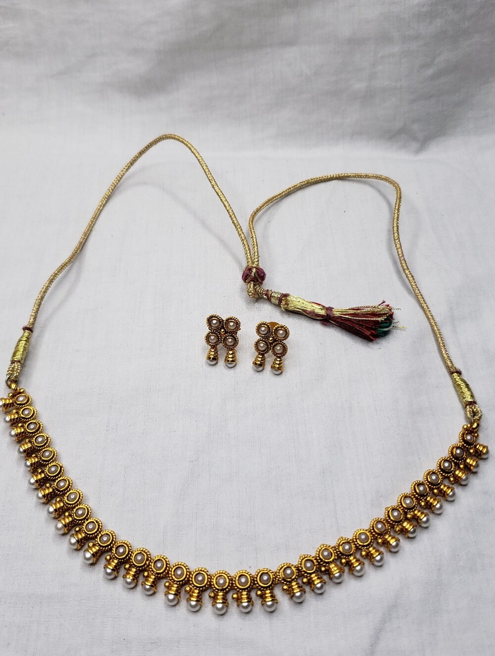 Indian Gold Metal and Imitation Pearl Choker Necklace and Earring Jewelry Set